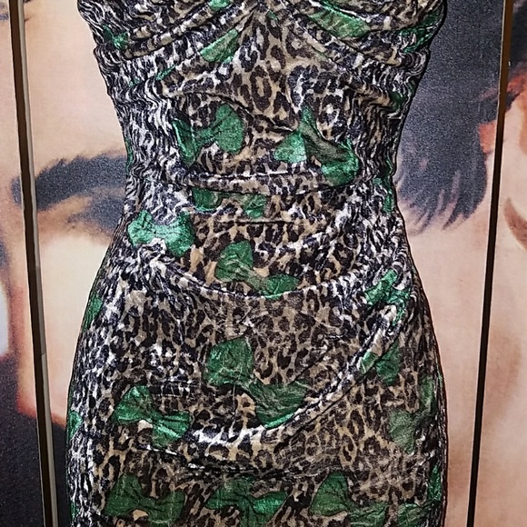 Tatyana Leopard Glam 1950's Pinup Velvet Pencil Halter Dress w Green Bow - Picture 4 of 8